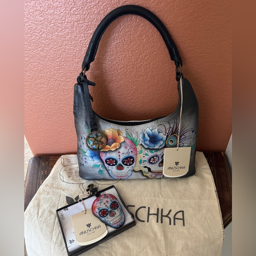 Anushka Zip Top Hobo Day of the Dead hand painted Bag With Matching Charm NWT
